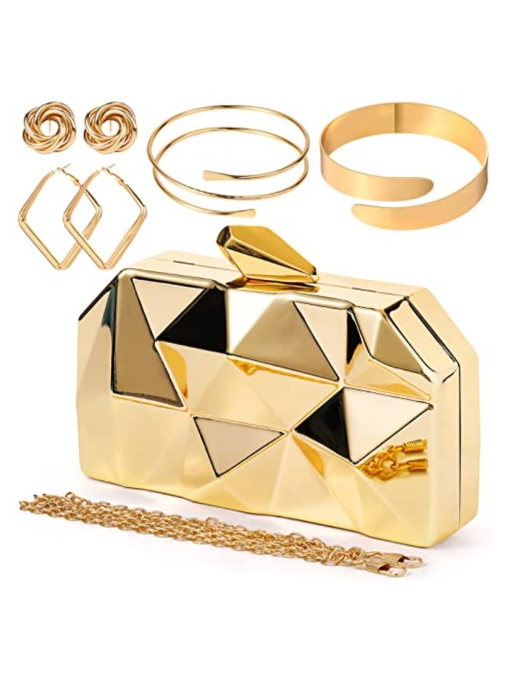 Metallic Clutch Purse Set Evening Bag Handbag with Earrings Arm Cuffs for